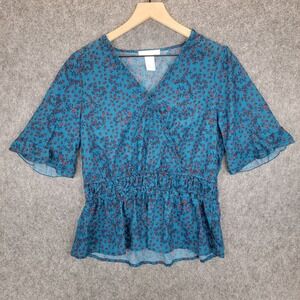 Design History Blouse Womens L Blue Ditsy Floral Ruffle Sleeve Peplum Sheer Top